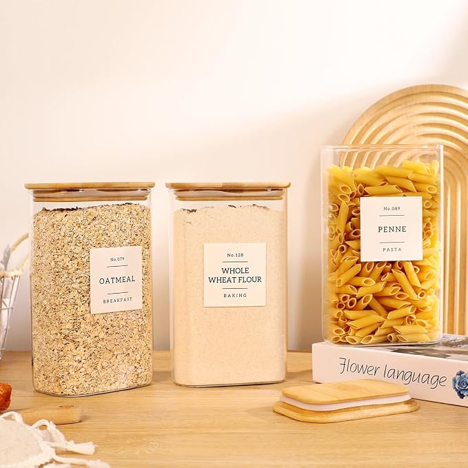 3 Pack Square Glass Pantry Storage Containers with 132 Kitchen Food Pantry Labels - 51 floz Clear Glass Pantry Jars with Airtight Wood Bamboo Lids - Glass Canisters for Candy, Cereal, Coffee, Spice