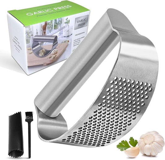 Garlic Press Rocker 304 Stainless Steel Garlic Mincer & Crusher with Silicone Peeler and Cleaning Brush, Ergonomic Dishwasher Safe Garlic Chopper Kitchen Gadget for Seniors & Home Cooks