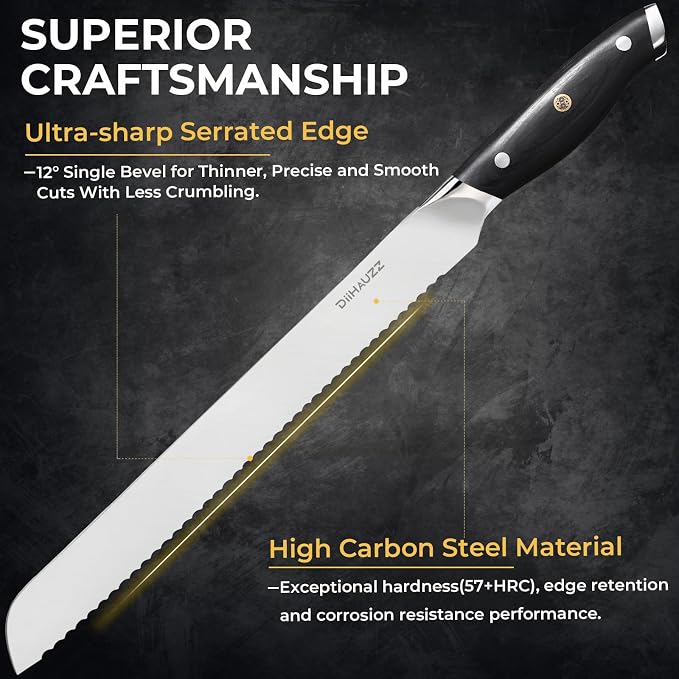 DiiHAUZZ Bread Knife, 10 Inch Serrated Knife for Slicing Homemade Bread, Razor Sharp High Carbon Steel, Professional Bakery Kitchen Knives with Full Tang Ergonomic Handle for Sourdough, Bagel, Cake