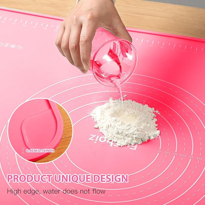 Silicone Pastry Mat 20"*16" Extra Thick Non Stick Baking Mat Food Grade Silicone Dough Rolling Bake Mat with Edge Heightening Pink