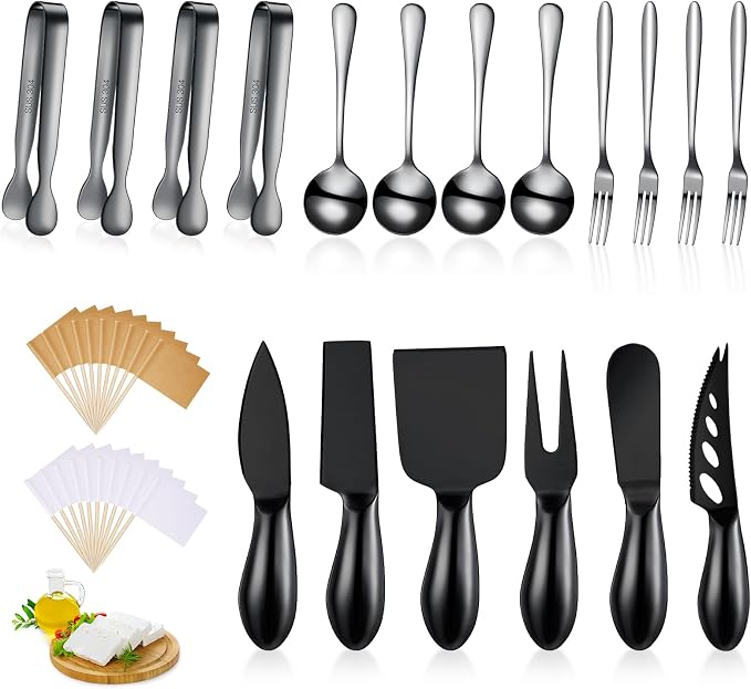 Patelai Charcuterie Board Accessories Cheese Spreader Knife Set Charcuterie Utensils Butter Knife Stainless Steel Mini Serving Tongs Spoons Appetizer Forks for Pastry(Black,18 Pieces)