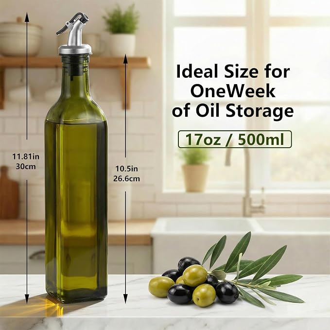 WERTIOO Green Oil Dispenser for Kitchen 1Pack, 17oz Olive Oil Dispenser Set | 500ml Oil and Vinegar Dispenser Set, Olive Oil Bottles for Kitchen, Glass Bottles for Vinegar, with Pourer, Funnel and Label