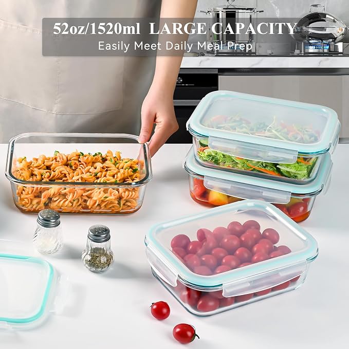 GEHE 4 Pack 52 oz Large Glass Food Storage Containers with Lids - Glass Meal Prep Containers For Baking, Storing, Airtight Lunch Container, Freezer, Dishwasher, Microwave and Oven Safe, BPA Free