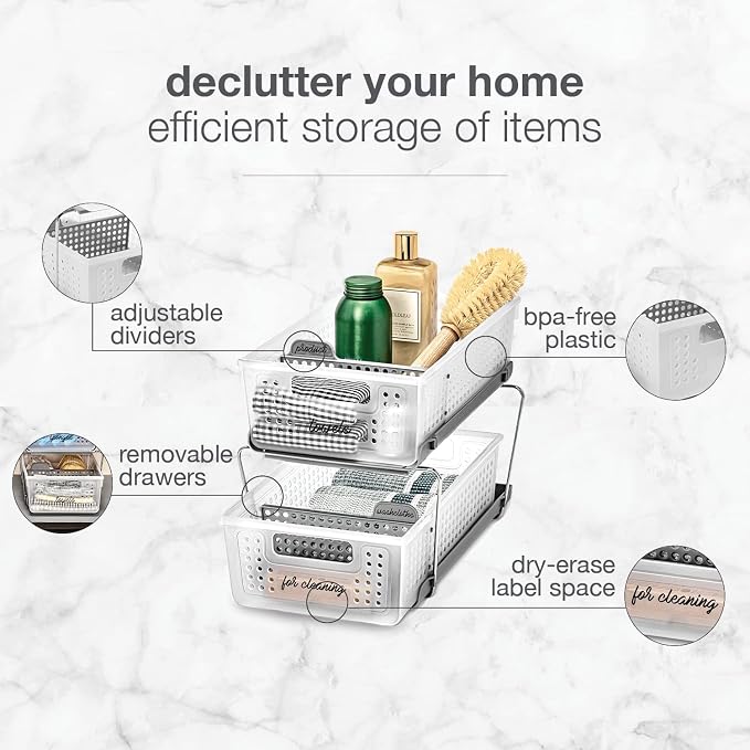 madesmart Two Tier Organizer with Dividers, Frost | pull out bins, tiered access, cleaning supplies, under sink use, pantry bottles, woman owned