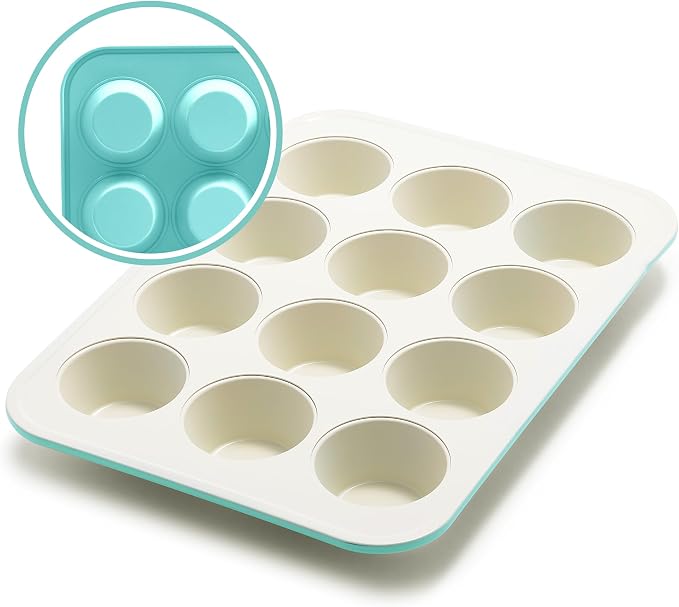 GreenLife 12 Cup Ceramic Nonstick Muffin Pan, Turquoise | 11.4" x 1.9" x 15.9", PFAS-Free Nonstick, Cupcake Tin, Easy Release, Even Heating, Wipe Clean, Heavy Duty, Warp Resistant