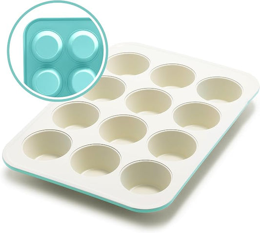 GreenLife 12 Cup Ceramic Nonstick Muffin Pan, Turquoise | 11.4" x 1.9" x 15.9", PFAS-Free Nonstick, Cupcake Tin, Easy Release, Even Heating, Wipe Clean, Heavy Duty, Warp Resistant