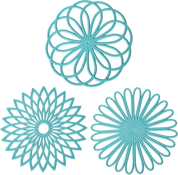 Silicone Trivets for Hot Dishes, Trivet Mat Pads for Kitchen Decor, Trivet for Hot Pots and Pans, Heat Resistant Mats Countertop, Round Trivets Table & Quartz Countertops Teal Set 3