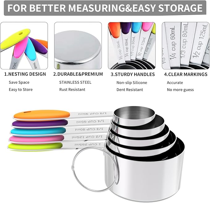 Nesting Measuring Cups and Spoons Set, Stainless Steel with Soft Silicone Handle – Heavy Duty & Dishwasher Safe for Measuring Dry/Liquid Ingredients, Ideal for Cooking & Baking (10)
