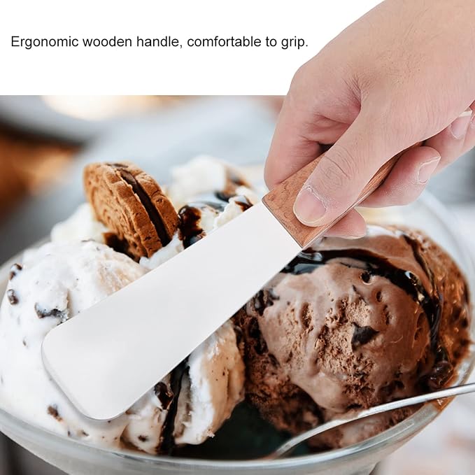 Ice Cream Scoop Stainless Steel with Ergonomic Wooden Handle for Hard Frozen Gelato and Desserts