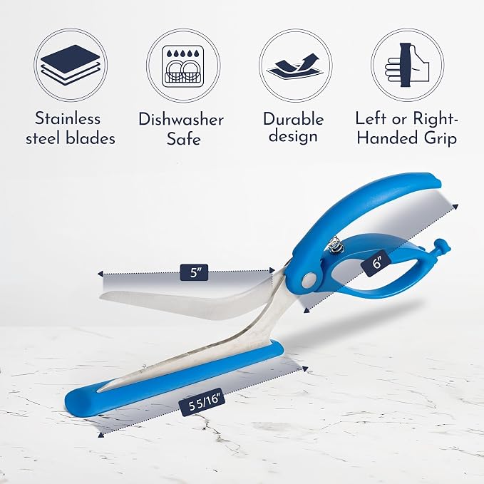 Pizza Scissors - Non-Stick Pizza Scissors with Firm Grip Base - Food Grade Stainless Steel Pizza Cutter - 5-in-1 Food Slicer & Pizza Server - Durable, Safe & Mess Free - Blue