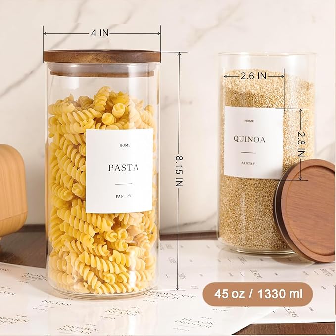 3 Pack Glass Containers with Acacia Lids, 45oz Pantry Airtight Storage Jars | Kitchen Canister Set with 105 Labels, Pantry Food Storage Containers with Wood Lids for Oats, Flour, Coffee, Sugar, Pasta