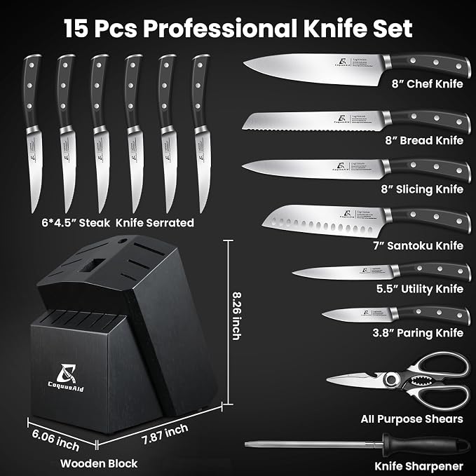 CoquusAid Knife Set, Upgrade 15 Pcs Knife Block Set with Widened Ventilated Slot, German Stainless Steel Kitchen Knives Set with Sharpener, Professional Chef Knives Set, Full Tang Ergonomic Handle