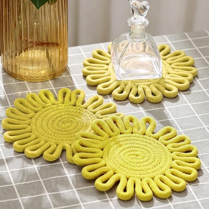 Kitchen Trivets for Hot Dishes Potholders for Countertop Hot Pads Hot Mats or Trivets for Hot Pots and Pans Home Essentials Boho Farmhouse Kitchen Decor Set of 3, 100% Cotton,7.5" (Yellow)