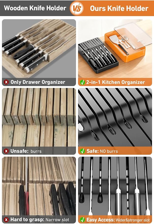 MAD SHARK 2-in-1 Detachable Knife Block & Silverware Organizer, Drawer Knife Holder for 10 Knives, BPA-Free, Blade-Safe Slots, Save Counter Space, Kitchen Drawer or Counter Storage, No Knives