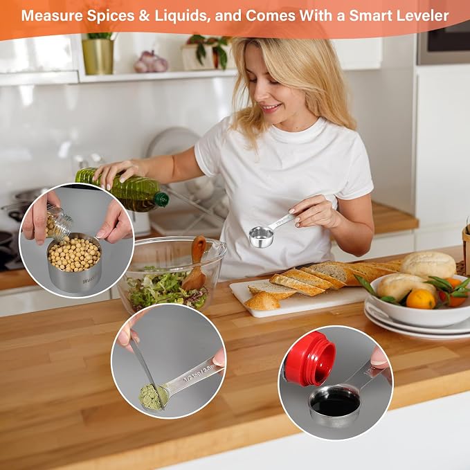 Stainless Steel Measuring Cups & Spoons Set of 13, Stackable Metal Measuring Cups & Spoons, Kitchen Gadgets for Cooking & Baking
