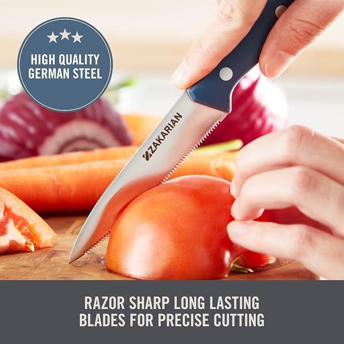 Zakarian by Dash 2 Piece Chef Grade German Steel Paring Knife Set with Smooth and Serrated Blades for Chopping, Dicing, Mincing, Slicing and More – Blue