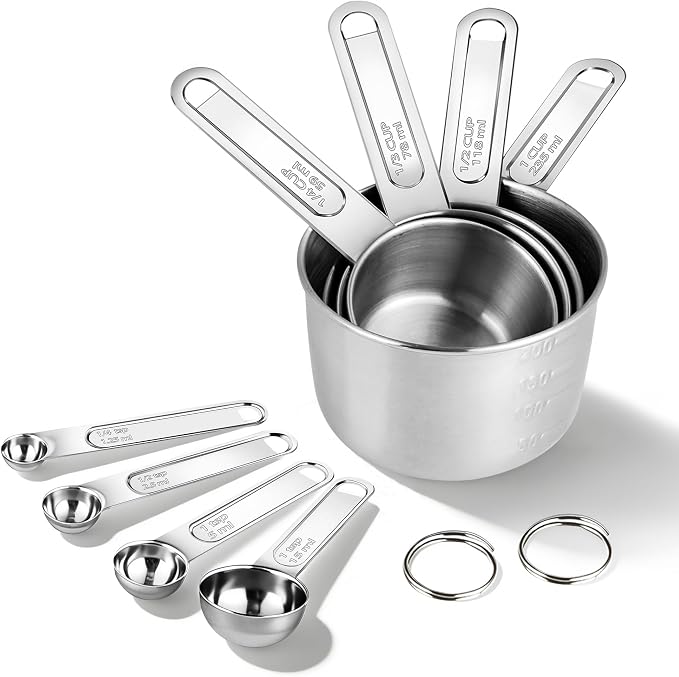YC Kitchen Measuring Cups and Spoons Set, 8-Piece, Stainless Steel | Metal Handles, Stackable Design, for Dry and Liquid Ingredients - Dishwasher Safe for Cooking & Baking