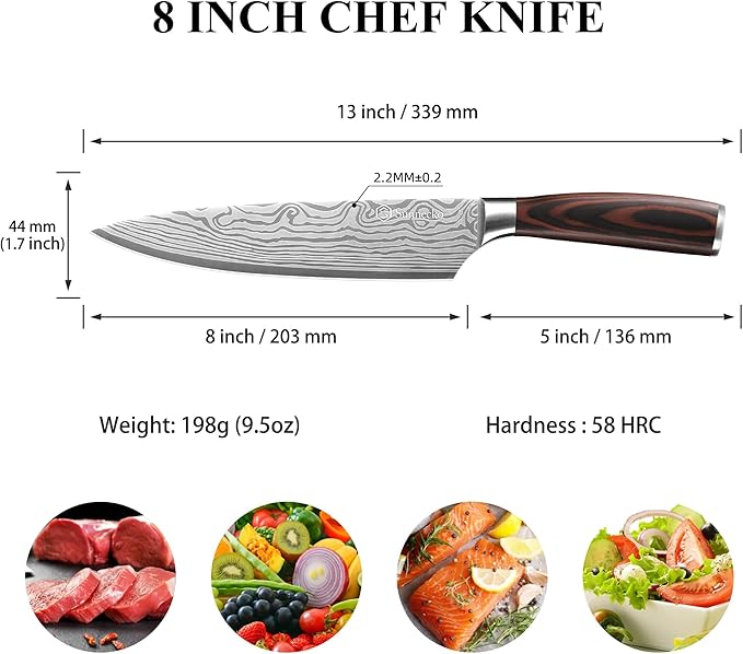 Sunnecko 8 Inch Chef Knife - Ultra Sharp 12-15 Degree Edge Kitchen Knife for Meat Vegetable Cutting Japanese Style, High Carbon Stainless Steel Blade, Pakkawood Handle &Sheath, Cooking Father Day Gift