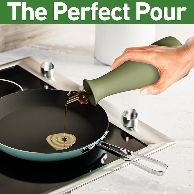 Ceramic Olive Oil Dispenser with Self-Closing Gold Spout, 530mL, Leakproof | Leak Proof EVOO Dispensing Bottle, Stainless Steel Self-Closing Spout, Ergonomic, Durable, Easy Pour, Stylish, 530mL Capacity