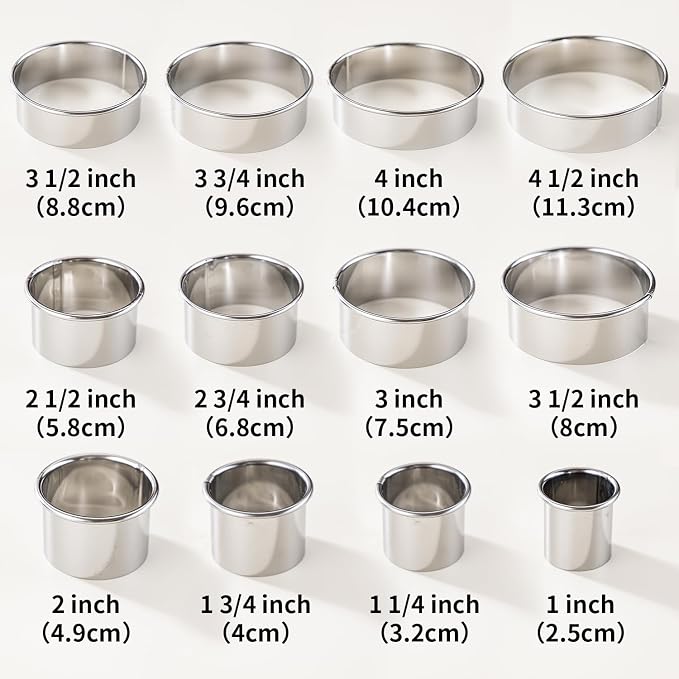 12 Pcs 304 Stainless Steel Biscuit Cutter Set - Round Cookie Cutters for Baking (1/2/3/4/5'') with Storage Box, Dough Pastry Cake Circle Cutting Ring Molds, Non-Rust, Dishwasher Safe & 1.5‘’ High