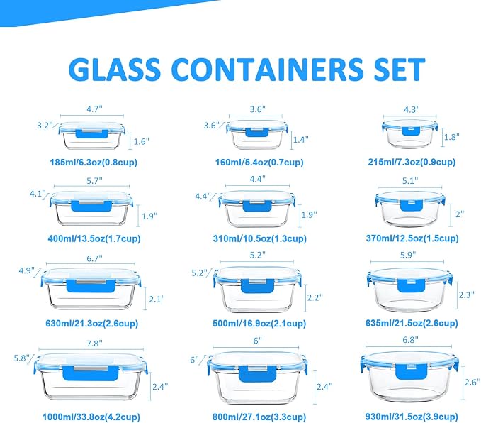 24 Pieces Glass Food Storage Containers Set, Blue | Glass Meal Prep Containers, BPA-Free Airtight Glass Storage Containers with lids, Freezer, Microwave and Oven Safe