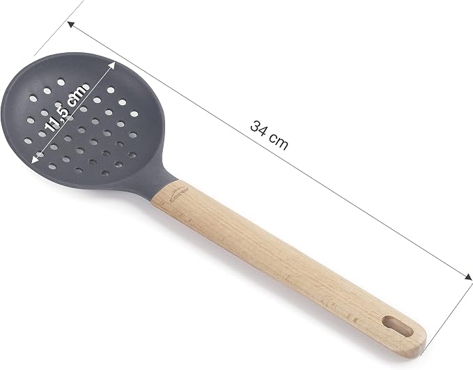 Lacor 68188 Unite Silicone Skimmer Professional Punched Paddle, Beech Wood Handle, Does Not Damage the Pan, High Temperature Resistant, BPA Free, Length: 34 cm, Ø11, Grey