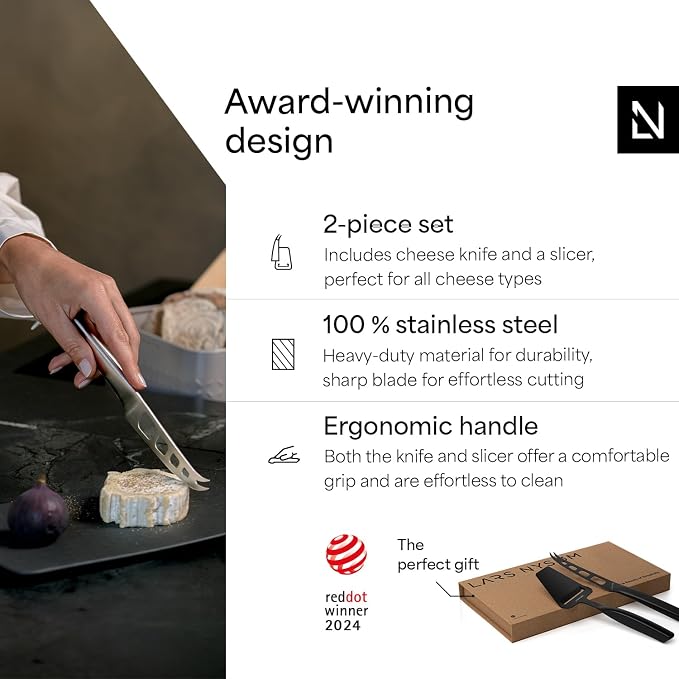 LARS NYSØM Cheese Slicer and Knife Set 2 pcs. I Cheese Knife Set & Cutter Made of Stainless Steel (Carbon Black)