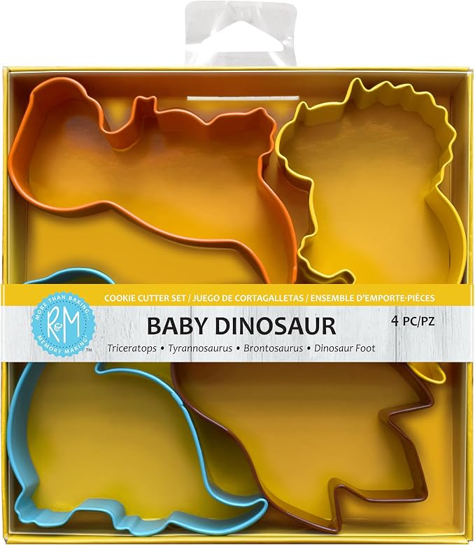 R&M International Baby Dinosaur Cookie Cutters, Brontosaurus, Triceratops, T-Rex, and Footprint, 4-Piece Set