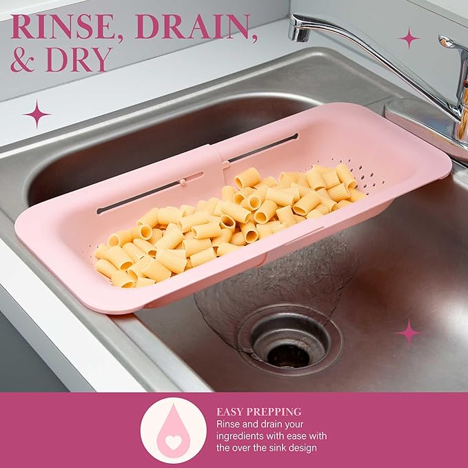 Paris Hilton Over the Sink Expandable Colander, Extendable Strainer, Adjustable from 14.5 inches to 19.5 inches, Fits most kitchen sinks, Made without BPA, Pink