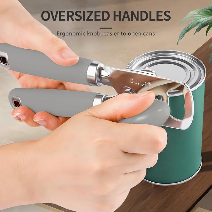 Safring Can Opener Manual, Heavy Duty Stainless Steel Smooth Edge Can Opener With Soft Touch Handle, Oversized Handheld Easy Turn Knob, Multi-Function Bottle Opener, Gray