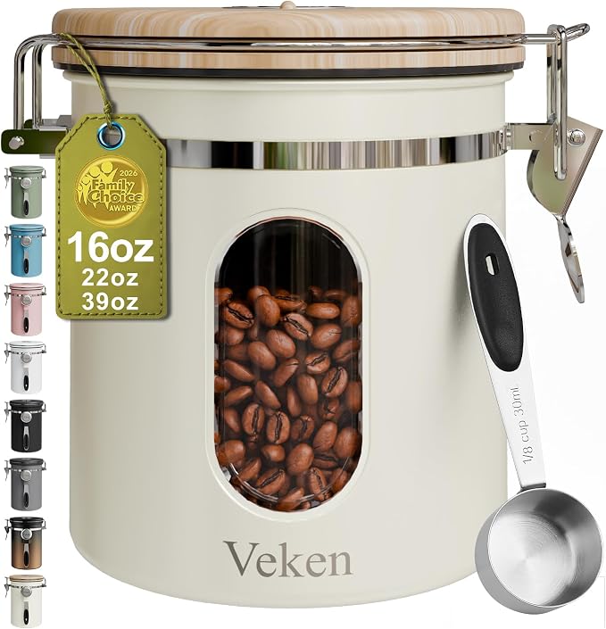 Veken Coffee Canister with Window, Airtight Stainless Steel Container, 16OZ | Date Tracker,Kitchen Food Storage Organizers for Beans, Ground, Espresso, Rice,Tea, Sugar,Cereal, Gifts,Lids,Jars,Scoop,Cream
