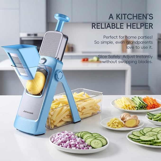 Jonscook 7-in-1 Safe Mandoline Slicer for Kitchen, Vegetable Slicer with Container, Veggie Chopper Cutter, Upgraded Tray & Stainless Steel Grater & Basket & Lid & Cleaning Brush (Blue Pro)