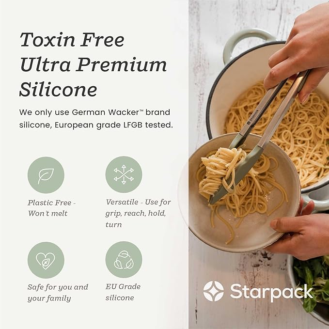 Starpack Get a Grip Silicone Kitchen Tongs (2-Pack, 9" + 12") - LFGB Non Toxic, 600°F Heat Resistant, BPA-Free - Heavy-Duty Stainless Steel, Locking - Dishwasher Safe for Nonstick Cookware Sage Green