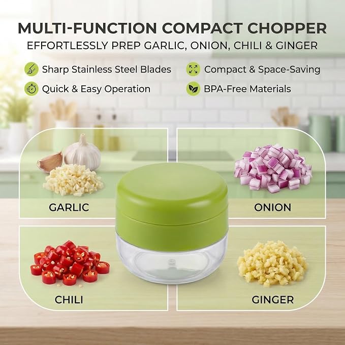 3-in-1 Garlic Press Set, Stainless Steel Garlic Mincer with Silicone Peeler and Brush, Efficient Garlic Crusher Chopper for Kitchen, Ginger, Vegetables (Green)