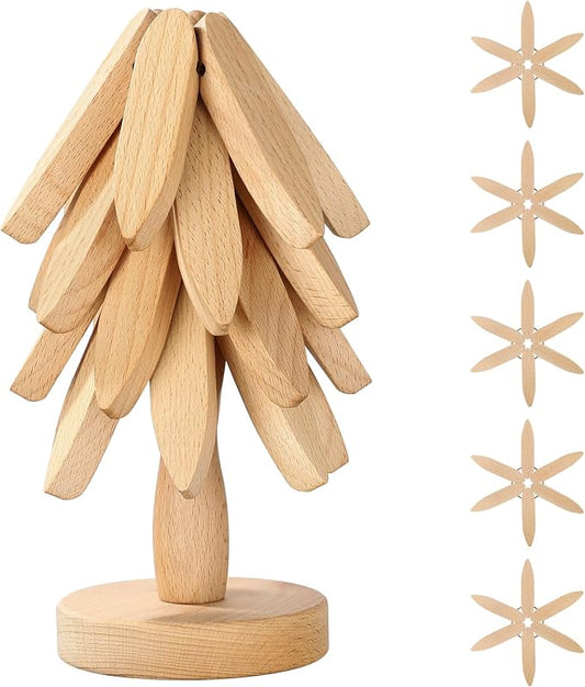 Wooden Trivets for Hot Dishes, Tree Shape Trivets Set, 5 Wooden Trivet + 1 Stand Stored Like a Tree, Beech Wood Trivet for Hot Pots, Pans, Bowl, Teapot, Practical The Kitchen Counter