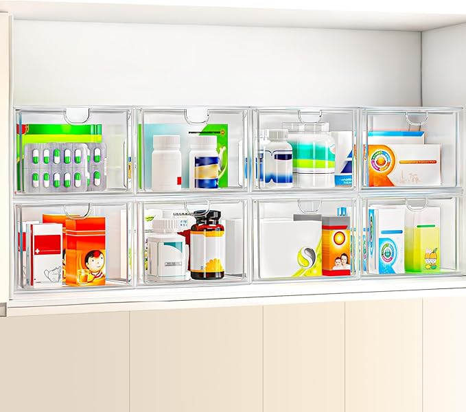 6-Pack Stackable Acrylic Storage Drawers, Small | Smooth-glide drawers, stackable, clear body, dustproof, wipe clean, 6 small, for art tools, makeup, under sink, pantry