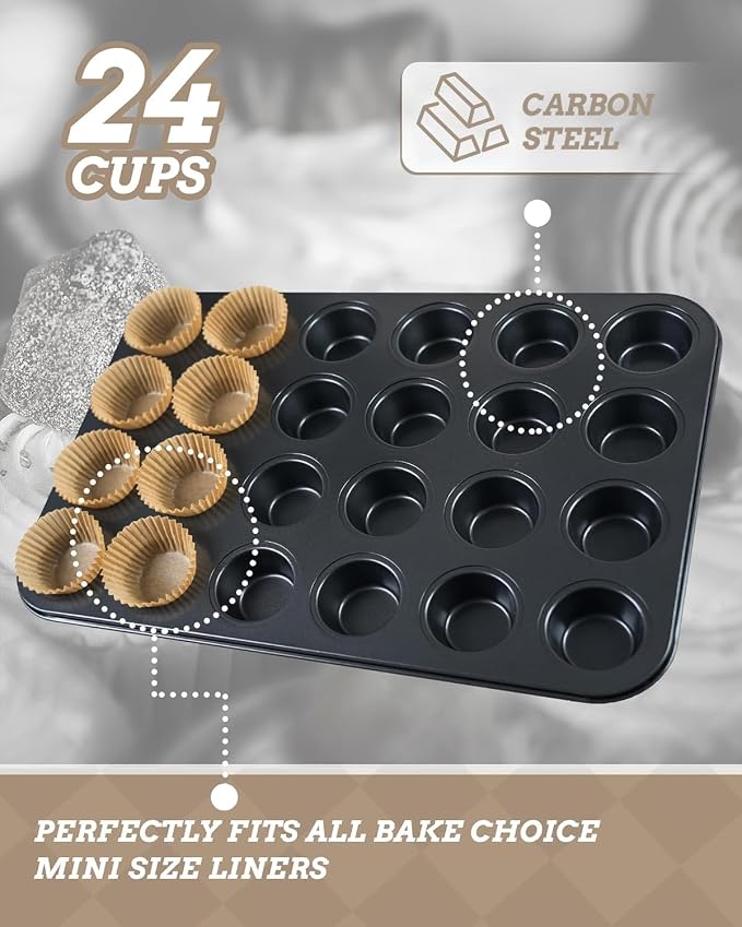Bake Choice Mini Muffin Pan with 200 Cupcake Liners, Mini Cupcake Pans | Nonstick 24 Cup, Muffin Tin, Carbon Steel Baking Supplies