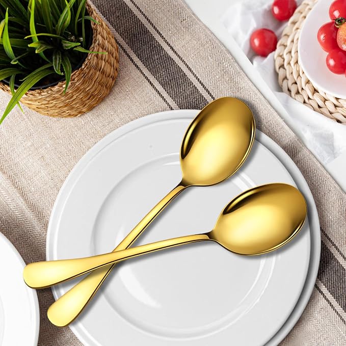 Stainless Steel Serving Spoons Set, 6pc, 10-Inch, Includes 6 Large Spoons, for Parties/Kitchen/Buffet/Catering, Dishwasher Safe, Gold