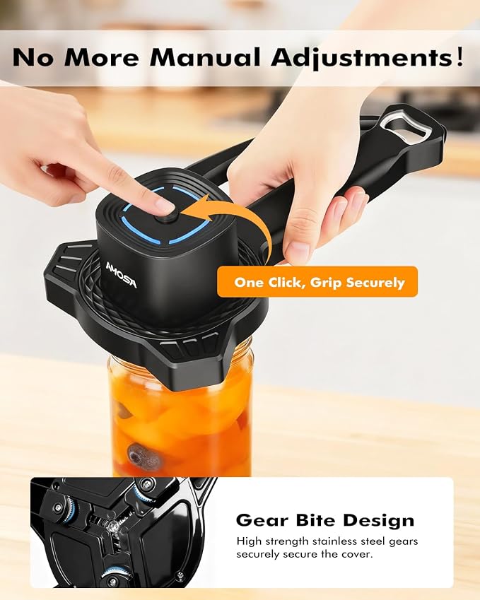 AMOSA Electric Jar Opener with Gripper Pad, Auto-Tighten & Manual Twist | 2-in-1 Rechargeable Jar Lid Opener & Bottle Opener for Seniors, Arthritis Sufferers, Weak Hands