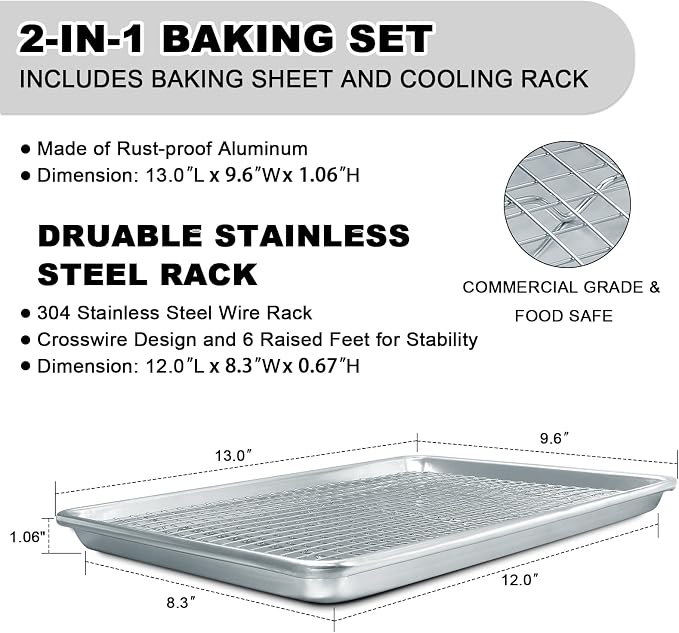 Half Sheet Pans with Rack Set, 13 Inch Commercial Quality Baking Sheet Pan Set, Natural Aluminum Cookie Sheet, Warp Resistant Nonstick Thick Cookie Tray Pans for Baking, Roasting
