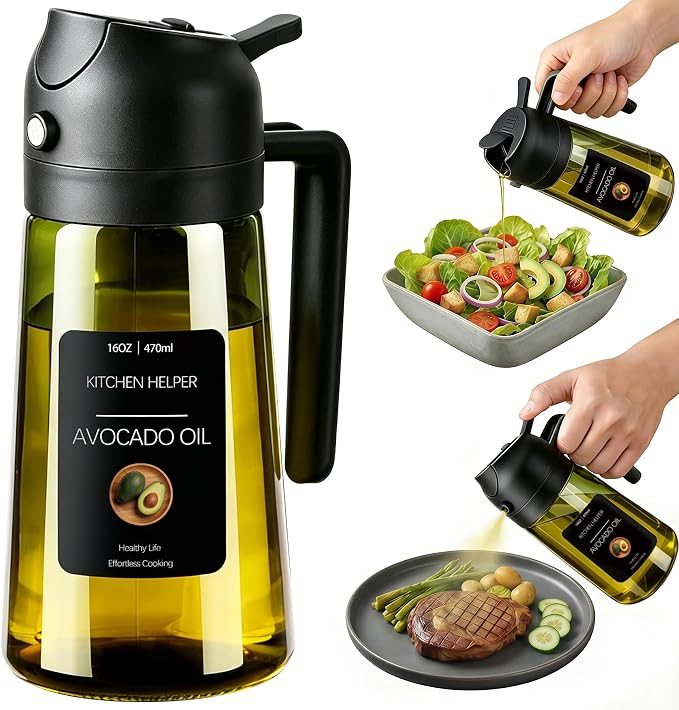 Poshetion 2 in 1 Olive Oil Sprayer for Cooking, 16oz Light-Proof Oil Dispenser for Kitchen, Leak-Proof Oil Spray Bottle for Air Fryer, Salad, BBQ, Baking, Grilling - Black