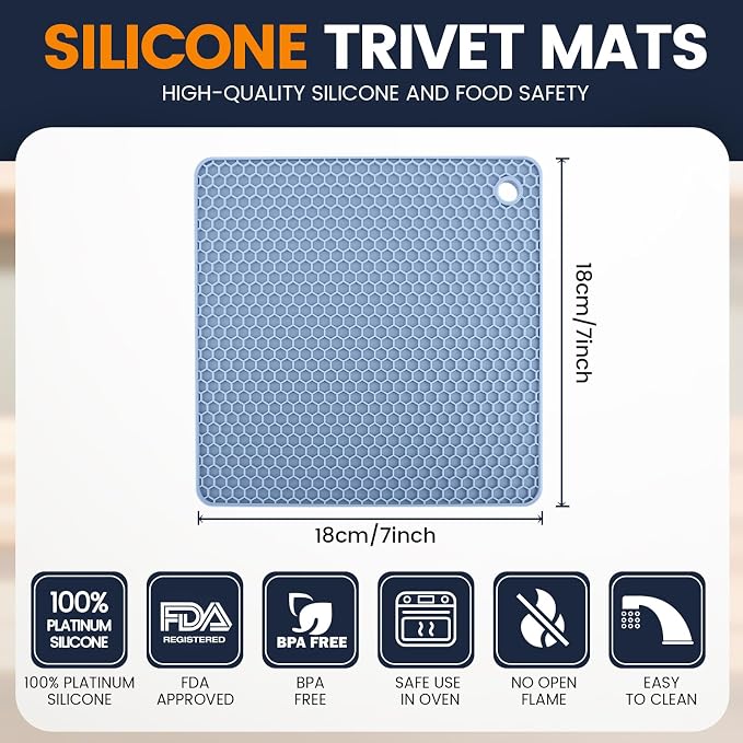 Silicone Trivet Mats 4 Heat Resistant Pot Holders Multipurpose Non-Slip Hot Pads for Kitchen Potholders, Drying mat, Jar Opener, Spoon Holder, Coaster.(Black Nordic Blue)