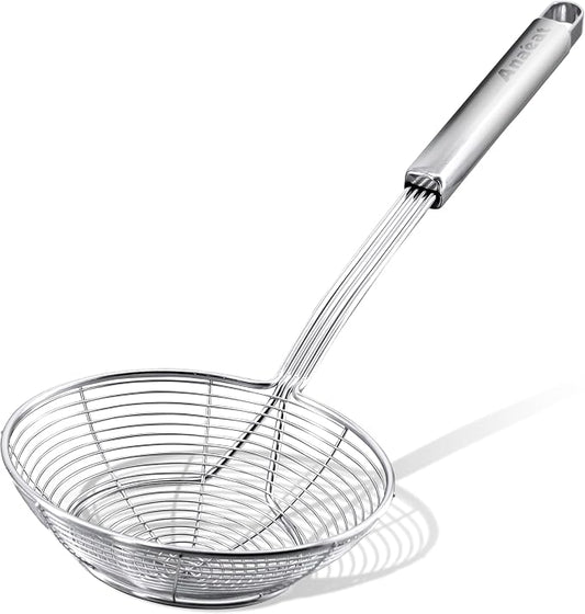 Anaeat Stainless Steel Spider Strainer Skimmer - Solid Kitchen Strainer Ladle with Long Handle for Cooking and Frying, Reinforced Double Coil Slotted Spoons for Pasta, Noodle, Spaghetti (7 Inch)