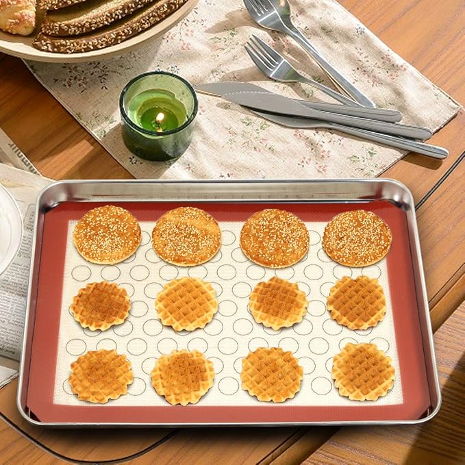 Wildone Baking Sheet with Silicone Mat Set, Set of 4 (2 Sheets + 2 Mats), Wildone Stainless Steel Cookie Sheet Baking Pan with Silicone Mat, Size 10 x 8 x 1 inch, Non Toxic & Heavy Duty & Easy Clean