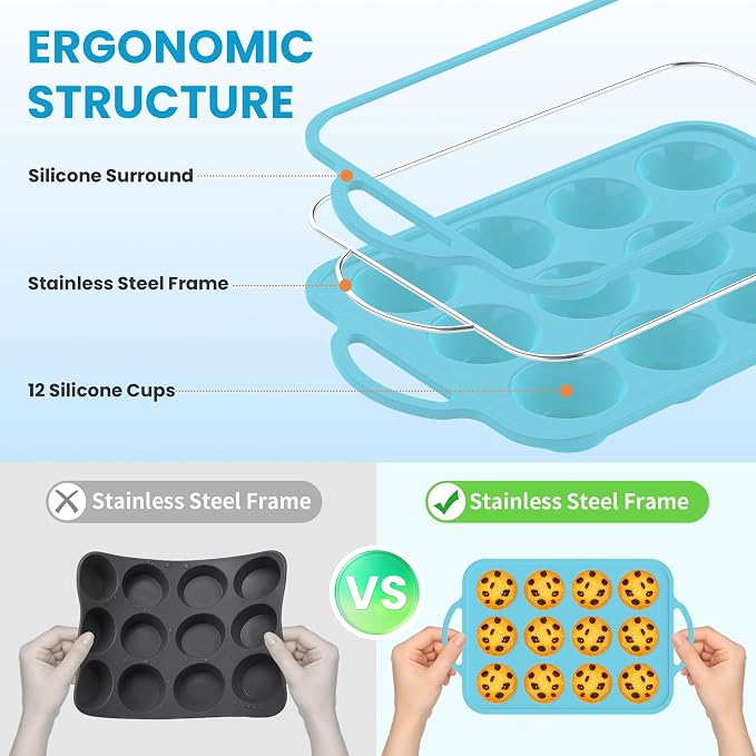 2Pack Silicone Muffin Pan for Baking - Cupcake Pans with Metal Frame