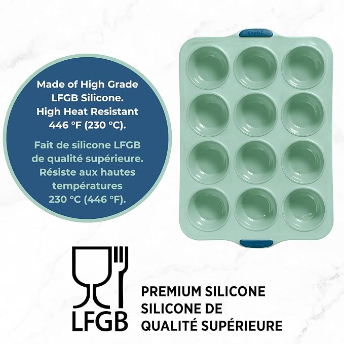 Starfrit Silicone Bakeware 12 Muffin Pan with Integrated Metal Frame - Premium Silicone BPA-Free - Heat Resistant - Ergonomic Handles - Easy Release - Oven & Dishwasher Safe - Green