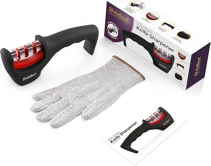 4-in-1 Kitchen Knife Accessories: 3-Stage Knife Sharpener Helps Repair, Restore and Polish Blades and Cut-Resistant Glove