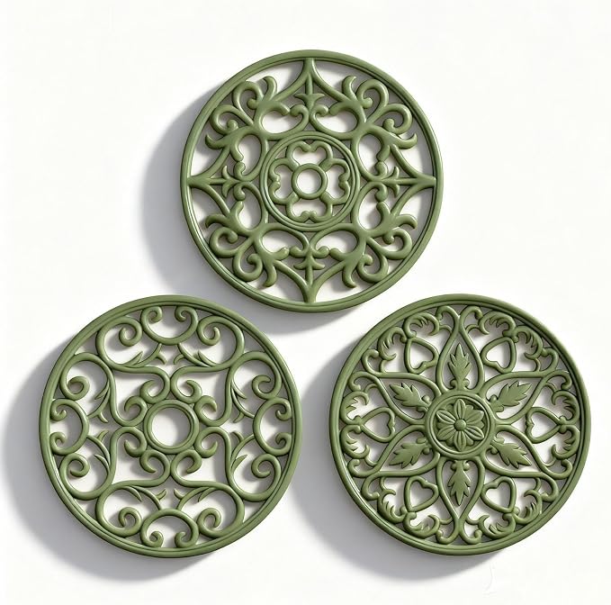 ME.FAN Trivets for Dishes/Pots/Pans, 3 Pcs Silicone Mats, Flexible/Durable/Non Slip Hot Pads to Protect Table and Counter Top (Olive Green)
