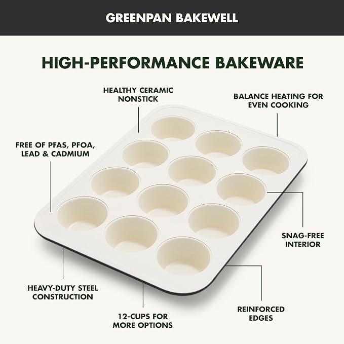GreenPan Bakewell 12-Cup Muffin Pan, Healthy Ceramic Nonstick Bakeware, PFAS-Free Cupcake Mold, Durable Baking Tray, Versatile Kitchen Essentials, Easy Clean Ovenware, Black