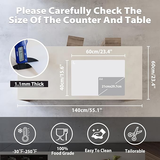 Thick Silicone Counter Mat Large 23.4x15.6" for Kitchen Countertop Crafts | Kitchen Table/Countertop Protector/Non Stick Pastry Baking Placemats Silicone Pad Crafts Kid Heat Resistant White Translucent